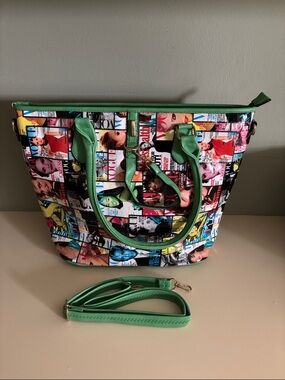 NWT. Multicolor Magazine Print Tote with green trim.